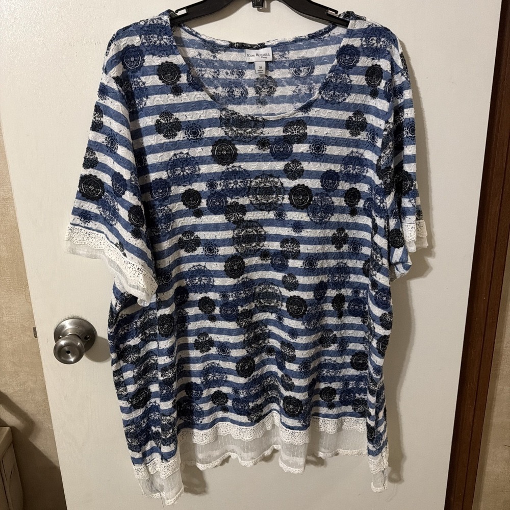 Women's Kim Rogers  Print Short Sleeve Top- Size 3X- Blue & White